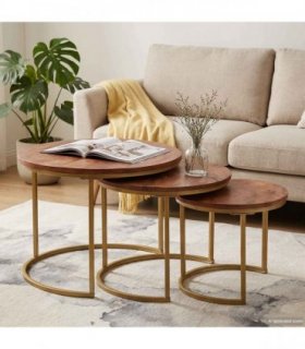 vidaXL Nesting Coffee Tables 3 pcs Solid Mango Wood and Steel — Size: Ø 54 x 40 cm