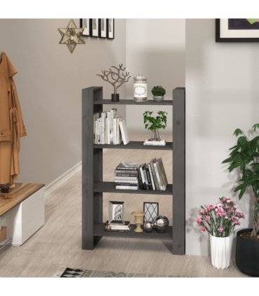 vidaXL Book Cabinet/Room Divider Grey 80x35x125 cm Solid Wood Pine — Size: 80 x 35 x 125 cm