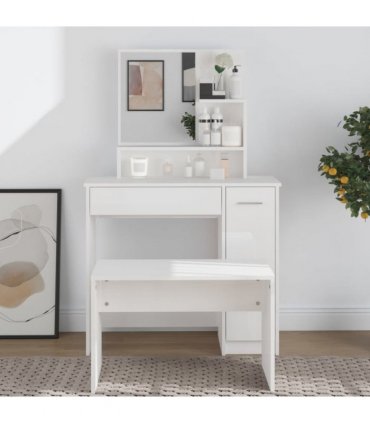 vidaXL Dressing Table with Mirror High Gloss White 86.5x35x136 cm