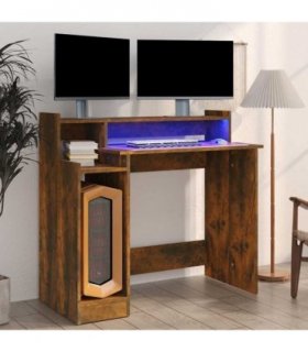 vidaXL Desk with LED Lights Smoked Oak 97x45x90 cm Engineered Wood