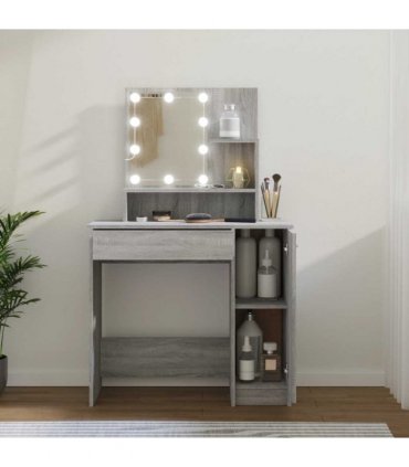 vidaXL Dressing Table with LED Grey Sonoma 86.5x35x136 cm