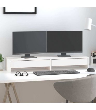 vidaXL Monitor Stand White 100x27x15 cm Solid Wood Pine — Size: 100 x 27 x 15 cm