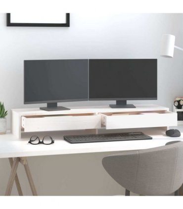 vidaXL Monitor Stand White 100x27x15 cm Solid Wood Pine — Size: 100 x 27 x 15 cm