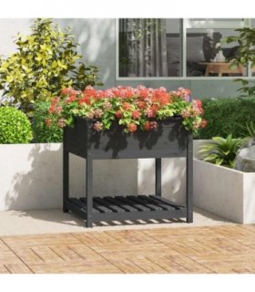 vidaXL Planter with Shelf Grey 82.5x82.5x81 cm Solid Wood Pine — Size: 82.5 x 82.5 x 81 cm