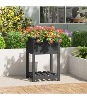 vidaXL Planter with Shelf Grey 54x54x81 cm Solid Wood Pine — Size: 56 x 54 x 81 cm