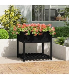 vidaXL Planter with Shelf Black 82.5x82.5x81 cm Solid Wood Pine — Size: 82.5 x 82.5 x 81 cm