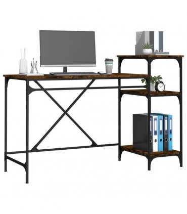 vidaXL Desk with Shelves Smoked Oak 135x50x90 cm Engineered Wood&Iron — Size: 135 x 50 x 90 cm
