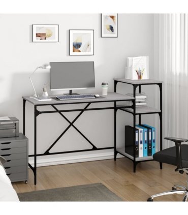 vidaXL Desk with Shelves Grey Sonoma 135x50x90 cm Engineered Wood&Iron — Size: 135 x 50 x 90 cm