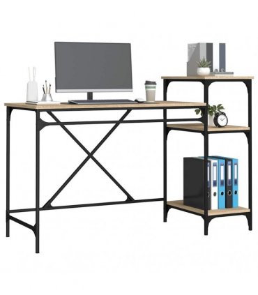 vidaXL Desk with Shelves Sonoma Oak 135x50x90 cm Engineered Wood&Iron — Size: 135 x 50 x 90 cm
