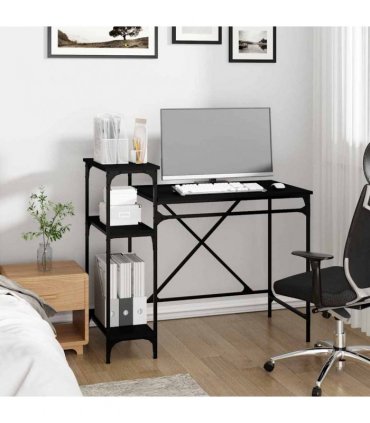 vidaXL Desk with Shelves Black 105x50x90 cm Engineered Wood&Iron — Size: 105 x 50 x 90 cm