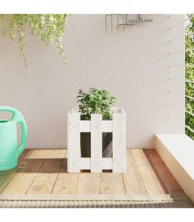 vidaXL Garden Planter with Fence Design White 30x30x30 cm Solid Wood Pine — Colour: white pine, Size: 30 x 30 x 30 cm