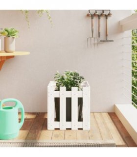 vidaXL Garden Planter with Fence Design White 40x40x40 cm Solid Wood Pine — Colour: white pine, Size: 40 x 40 x 40 cm