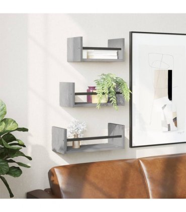 vidaXL 3 Piece Wall Shelf Set with Bars Grey Sonoma Engineered wood