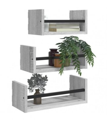 vidaXL 3 Piece Wall Shelf Set with Bars Grey Sonoma Engineered wood