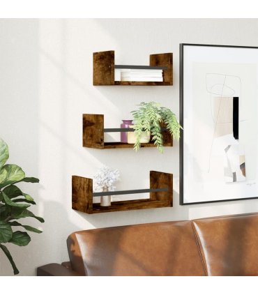 vidaXL 3 Piece Wall Shelf Set with Bars Smoked Oak Engineered wood