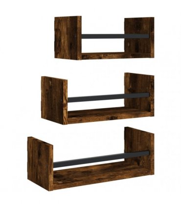 vidaXL 3 Piece Wall Shelf Set with Bars Smoked Oak Engineered wood