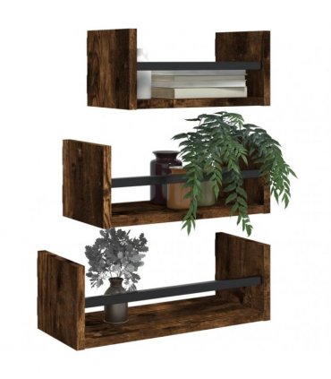 vidaXL 3 Piece Wall Shelf Set with Bars Smoked Oak Engineered wood