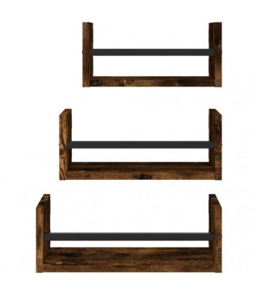 vidaXL 3 Piece Wall Shelf Set with Bars Smoked Oak Engineered wood