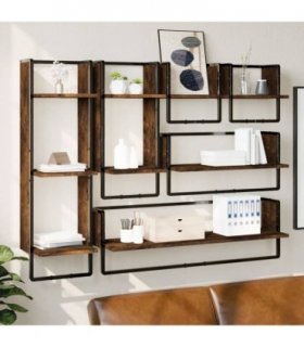 vidaXL 6 Piece Wall Shelf Set with Bars Smoked Oak Engineered Wood