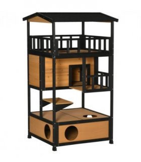 Outdoor Cat House 3-Tier Kitten Shelter Wooden Yellow Tilted Roof 75.5L x 75W