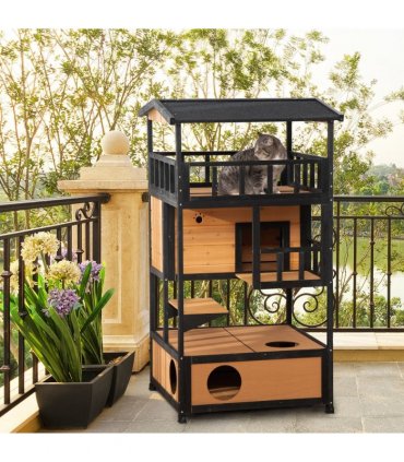 Outdoor Cat House 3-Tier Kitten Shelter Wooden Yellow Tilted Roof 75.5L x 75W