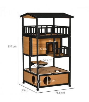 Outdoor Cat House 3-Tier Kitten Shelter Wooden Yellow Tilted Roof 75.5L x 75W