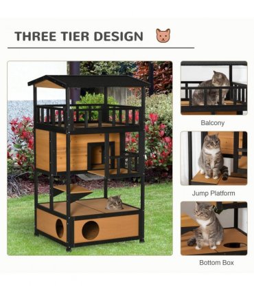 Outdoor Cat House 3-Tier Kitten Shelter Wooden Yellow Tilted Roof 75.5L x 75W