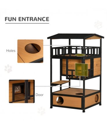 Outdoor Cat House 3-Tier Kitten Shelter Wooden Yellow Tilted Roof 75.5L x 75W