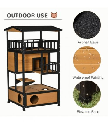 Outdoor Cat House 3-Tier Kitten Shelter Wooden Yellow Tilted Roof 75.5L x 75W