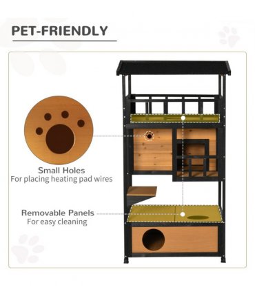 Outdoor Cat House 3-Tier Kitten Shelter Wooden Yellow Tilted Roof 75.5L x 75W