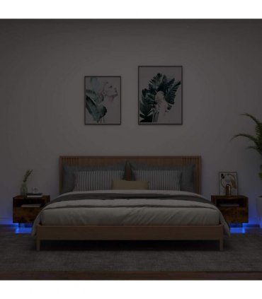 vidaXL Bedside Cabinets with LED Lights 2 pcs Smoked Oak 40x39x37 cm