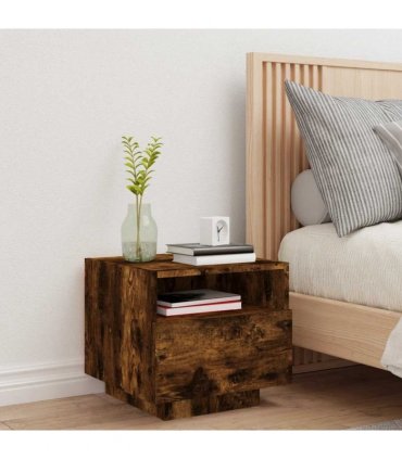 vidaXL Bedside Cabinet with LED Lights Smoked Oak 40x39x37 cm