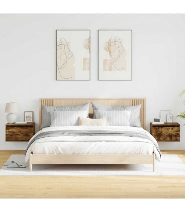 vidaXL Wall-mounted Bedside Cabinets with LED Lights 2 pcs Smoked Oak — V0672047214