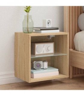 vidaXL Bedside Cabinet with LED Lights Wall-mounted Sonoma Oak