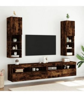 vidaXL TV Cabinets with LED Lights 2 pcs Smoked Oak 30.5x30x102 cm — Size: 30.5 x 30 x 102 cm