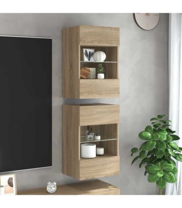 vidaXL Wall Cabinets with LED Lights for TV 2 pcs Sonoma Oak 40x30x60.5 cm