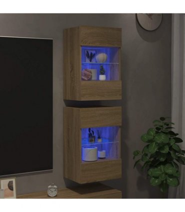 vidaXL Wall Cabinets with LED Lights for TV 2 pcs Sonoma Oak 40x30x60.5 cm