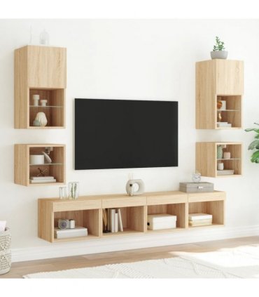 vidaXL Bedside Cabinets with LED Lights Wall-mounted 2 pcs Sonoma Oak