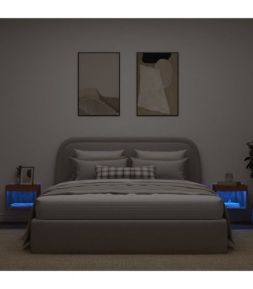 vidaXL Bedside Cabinets with LED Lights Wall-mounted 2 pcs Brown Oak
