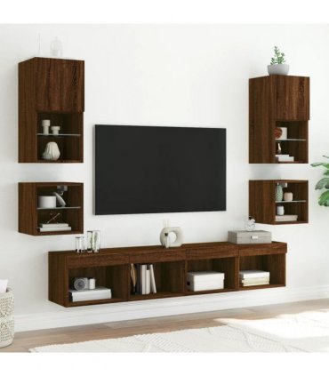 vidaXL Bedside Cabinets with LED Lights Wall-mounted 2 pcs Brown Oak