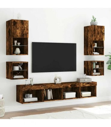 vidaXL Bedside Cabinet with LED Lights Wall-mounted Smoked Oak