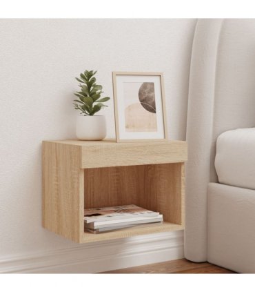vidaXL Bedside Cabinet with LED Lights Wall-mounted Sonoma Oak — V0672047532