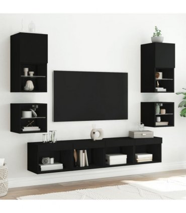 vidaXL Bedside Cabinet with LED Lights Wall-mounted Black