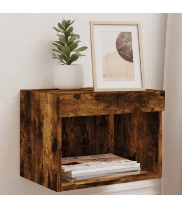 vidaXL Bedside Cabinets with LED Lights Wall-mounted 2 pcs Smoked Oak