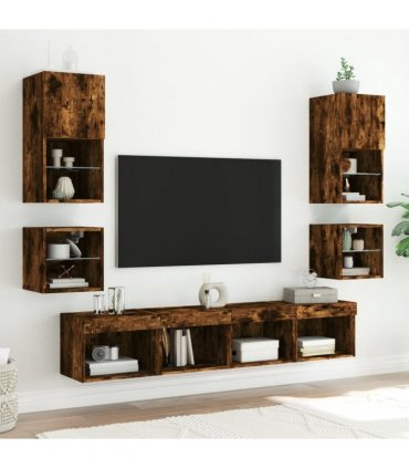 vidaXL Bedside Cabinets with LED Lights Wall-mounted 2 pcs Smoked Oak