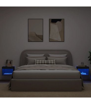 vidaXL Bedside Cabinets with LED Lights Wall-mounted 2 pcs Black