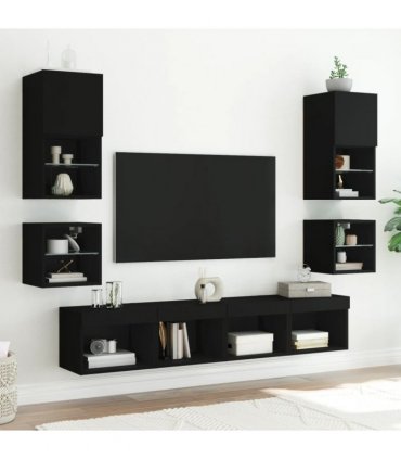 vidaXL Bedside Cabinets with LED Lights Wall-mounted 2 pcs Black