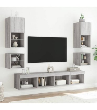 vidaXL Bedside Cabinet with LED Lights Wall-mounted Grey Sonoma — V0672047541