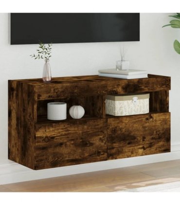 vidaXL TV Wall Cabinet with LED Lights Smoked Oak 80x30x40 cm