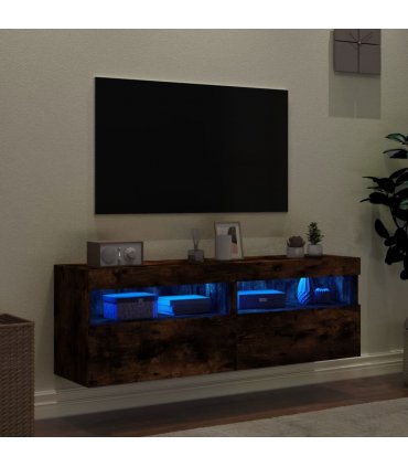 vidaXL TV Wall Cabinets with LED Lights 2 pcs Smoked Oak 60x30x40 cm